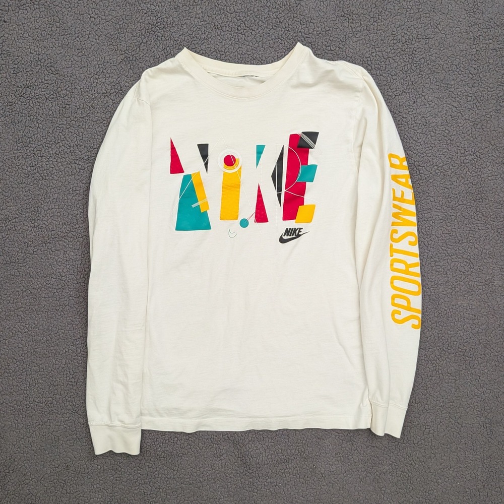 Nike Sportswear Mens Long Sleeve Graphic Tee Off White Cream Geometric Small